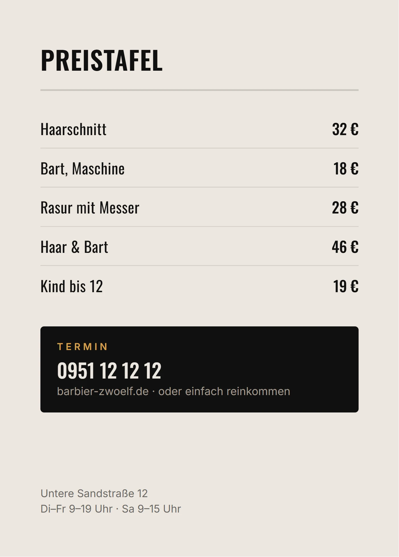 Flyer-Rückseite mit Preistafel und Telefonnummer für die Terminvereinbarung.