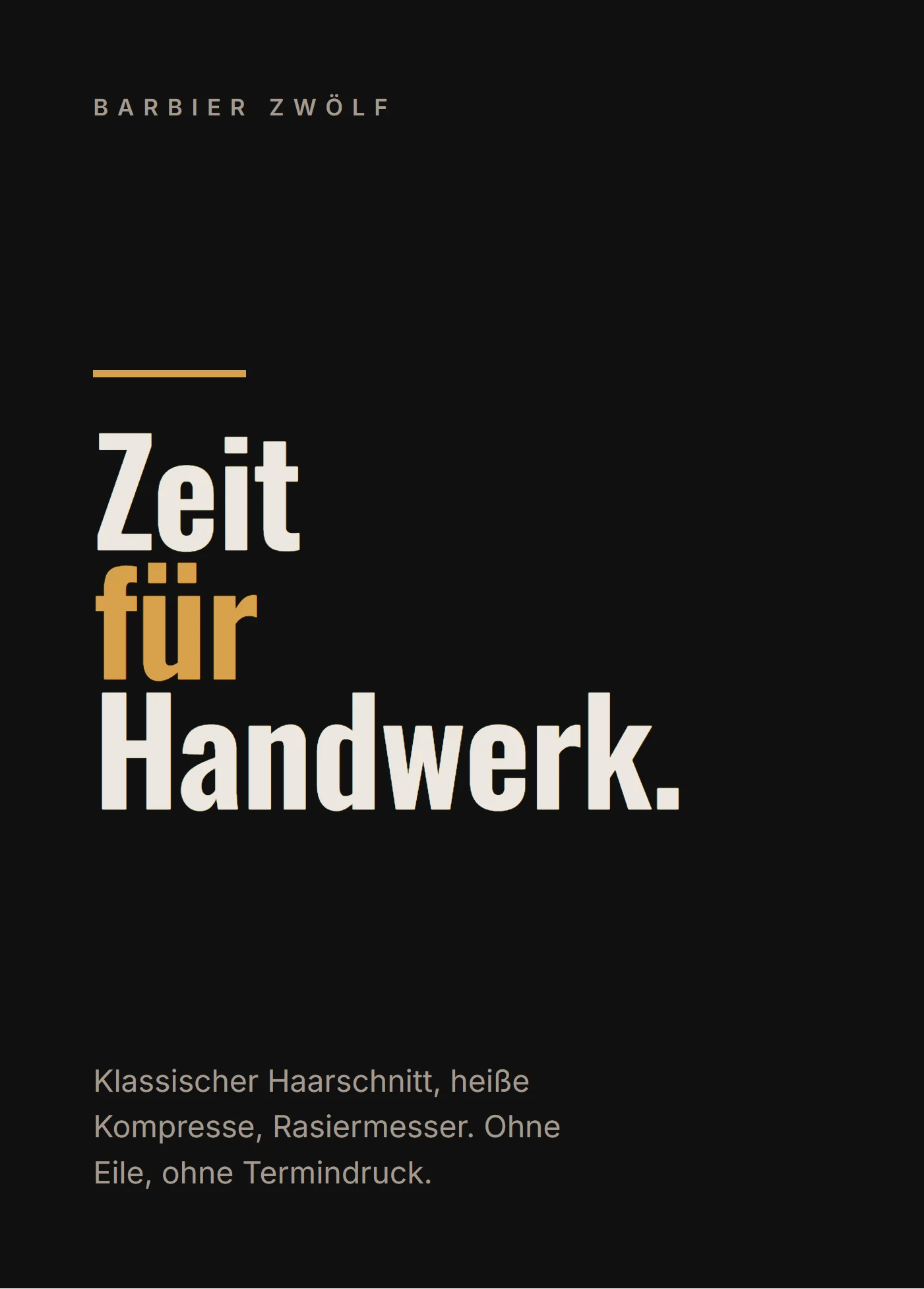 Flyer-Vorderseite in Schwarz mit der Zeile „Zeit für Handwerk" in Knochenweiß und Messing.