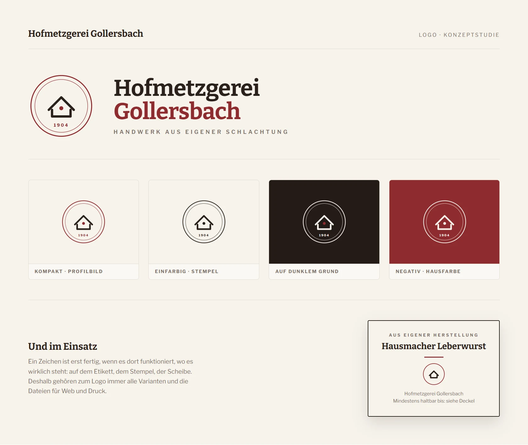 Logo-Bogen: Siegel mit Hofgiebel und Jahreszahl, daneben die Wortmarke und vier Varianten – kompakt, einfarbig, auf dunklem Grund und in der Hausfarbe.