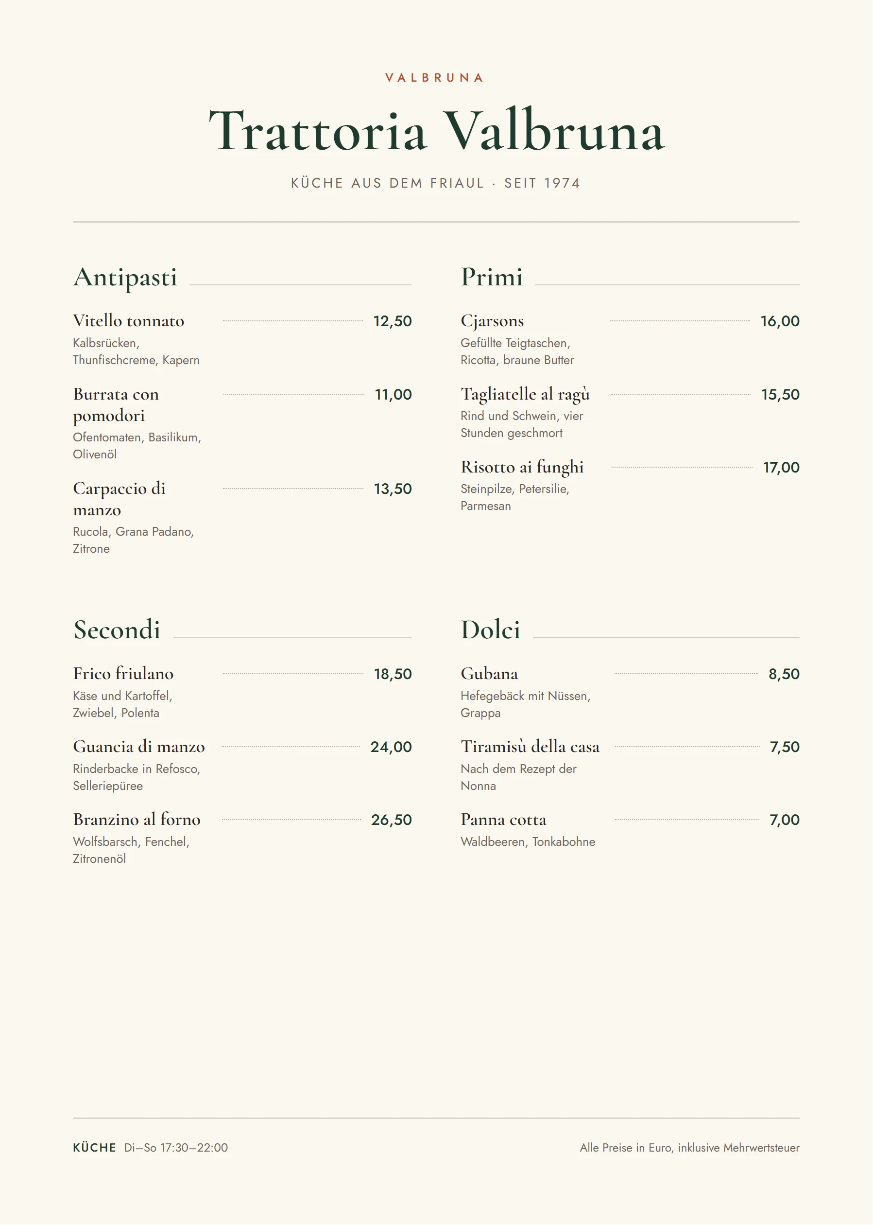 Speisekarte im Format A4: Trattoria Valbruna, vier Gänge in zwei Spalten auf cremefarbenem Papier.