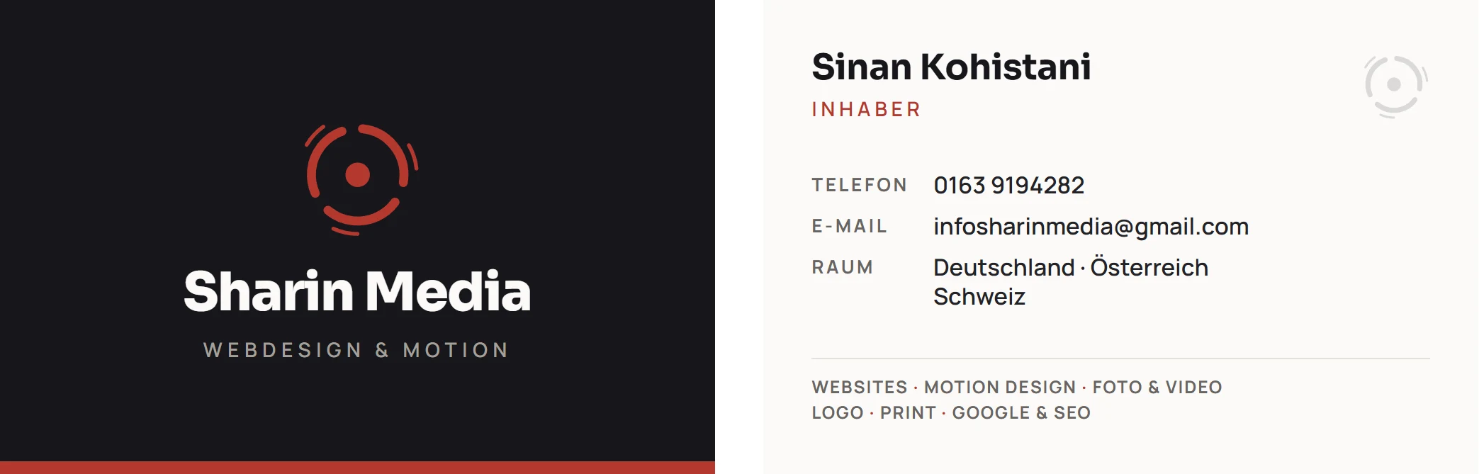 Visitenkarte von Sharin Media, Vorder- und Rückseite nebeneinander.