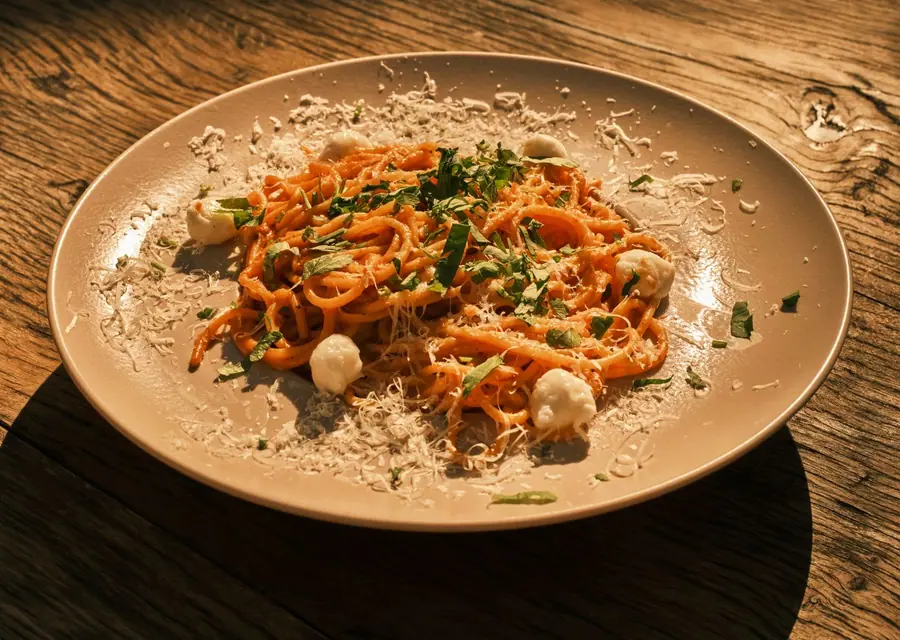 Schale mit Tagliatelle in Tomatensauce